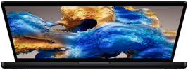Un MacBook Pro leggermente aperto che mostra una schermata colorata