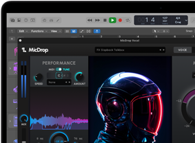 Schermata di un MacBook Pro che mostra il software MicDrop mentre sfrutta funzioni AI per modificare una registrazione vocale