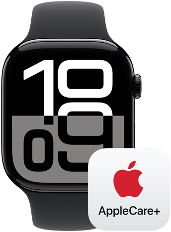 Un Apple Watch Series 10 accanto al logo di AppleCare Plus, per rappresentare la copertura di AppleCare Plus