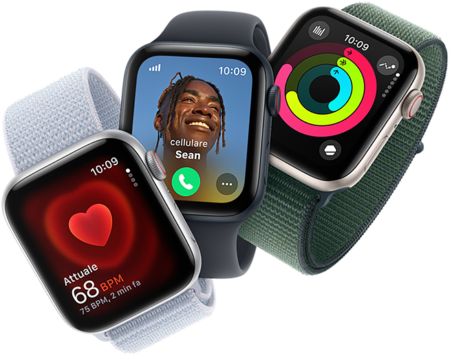 Tre Apple Watch che mostrano rispettivamente il monitoraggio della frequenza cardiaca, una chiamata in arrivo e gli anelli Attività