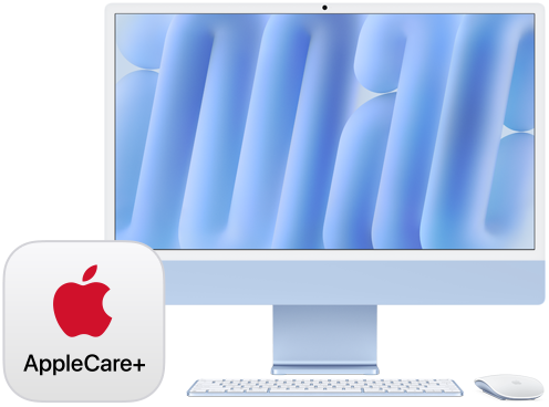 Il badge_river AppleCare+ e un iMac mostrato di fronte insieme a una Magic Keyboard e a un Magic Mouse, entrambi in colore coordinato