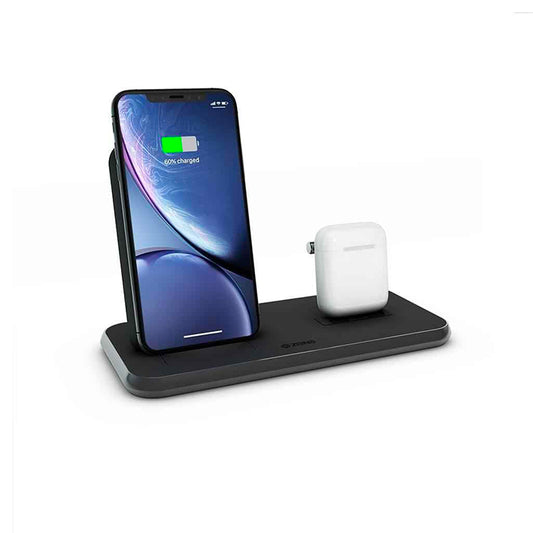 Supporto ricarica Wireless Qi + Lightning + USB in alluminio nero