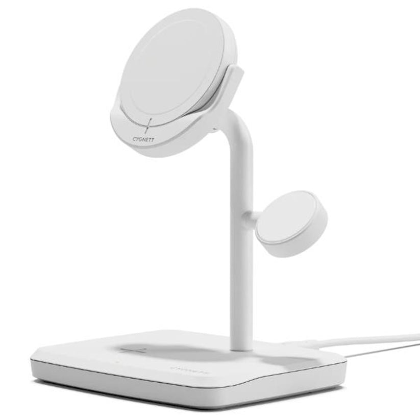 Base di ricarica wireless 3-in-1 Cygnett ChargeBase Qi2.0 per iPhone, AirPods e Apple Watch - Bianco
