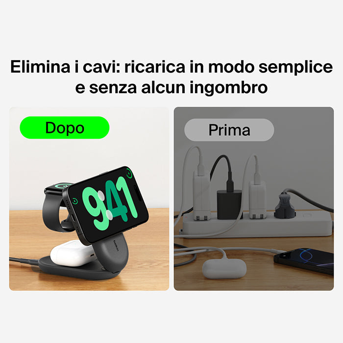 Belkin UltraCharge - Caricabatteria wireless magnetico pieghevole 3in1 con Qi2 da 25W - Nero