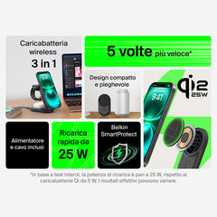 Belkin UltraCharge - Caricabatteria wireless magnetico pieghevole 3in1 con Qi2 da 25W - Nero