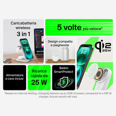 Belkin UltraCharge - Caricabatteria wireless magnetico pieghevole 3in1 con Qi2 da 25W - Bianco