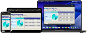 Schermi di iPhone 17 Pro, iPad Pro 11 con M4 e MacBook Pro con M4 che mostrano lo stesso foglio di calcolo di Microsoft Excel con dati organizzati in tabelle e grafici a torta