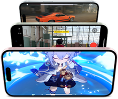 Tre iPhone disposti uno dietro l’altro con giochi e video sui relativi display, per evidenziare le prestazioni straordinarie del chip
