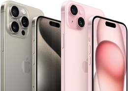 Vista frontale e posteriore di un iPhone 15 Pro in titanio naturale e di un iPhone 15 rosa