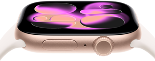 Apple Watch Series 11 cassa in alluminio color oro rosa, quadrante Responsive Art, lato destro, Digital Crown, microfono, tasto laterale, cinturino Sport rosa fard