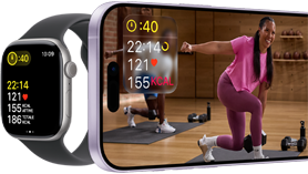 Apple Watch Series 11, cassa in alluminio Jet Black, parametri dell’app Allenamento, cinturino Sport viola nebbia, video di allenamento riprodotto su un iPhone abbinato
