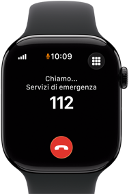 Apple Watch Series 11, cassa in alluminio Jet Black, chiamata di emergenza sul display, lato destro, Digital Crown, cinturino Sport nero