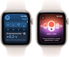 Due Apple Watch SE 3 con cassa in alluminio color galassia che mostrano sullo schermo l’app Parametri Vitali
