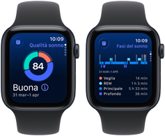 Due Apple Watch SE 3 con cassa in alluminio color mezzanotte mostrano sullo schermo la qualità del sonno.
