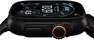 Apple Watch Ultra 3 di lato, cassa in titanio nero, bussola sul quadrante Orienteering, tasto laterale e Digital Crown
