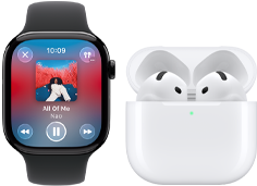 Apple Watch Series 11, cassa in titanio ardesia, cinturino Sport nero, app Apple Music aperta, abbinato a un paio di AirPods 4