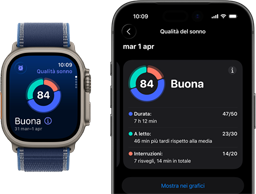 Apple Watch Ultra 3, cassa in titanio naturale, schermata del parametro Qualità del sonno, analisi con grafico ad anello, punteggio al centro, cinturino Trail Loop blu, analisi della Qualità del sonno in forma estesa su iPhone.