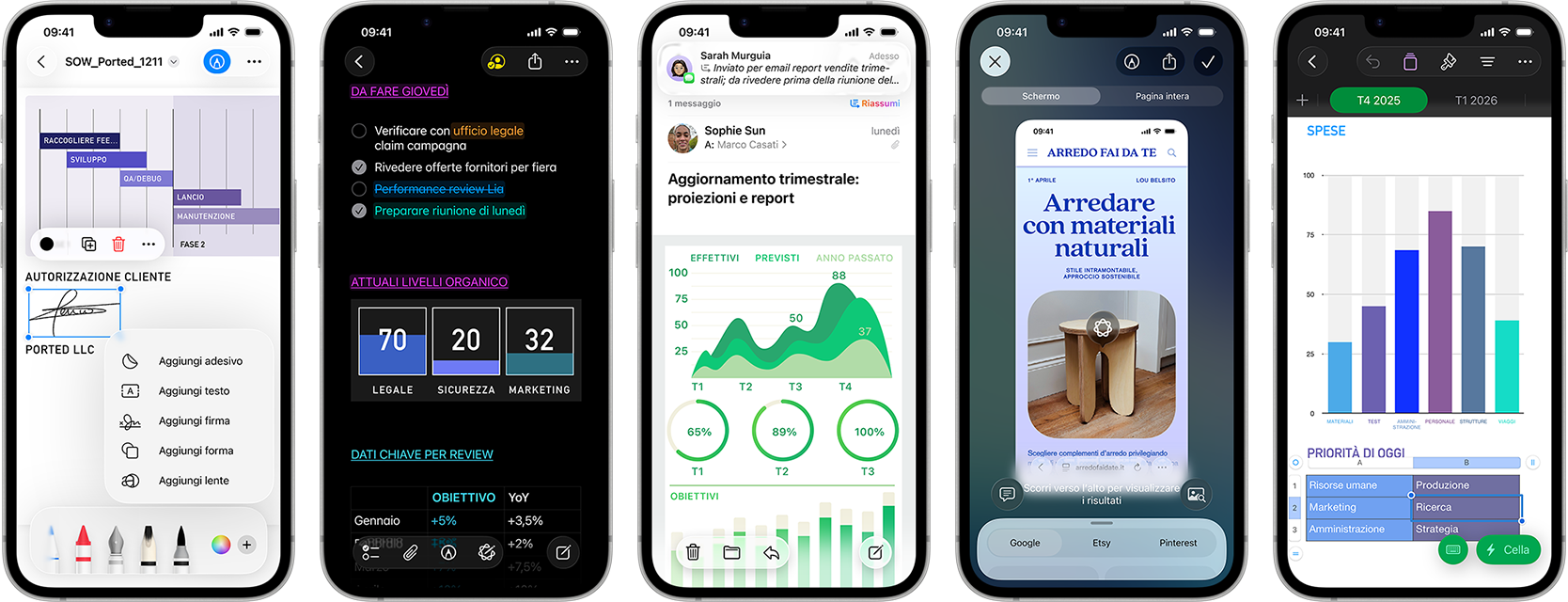 Alcuni iPhone 17e in verticale affiancati, che mostrano le prestazioni con vari grafici, diagrammi e app professionali per il lavoro come Anteprima, Note, Mail, intelligenza visiva e Numbers