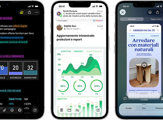 Alcuni iPhone 17e in verticale affiancati, che mostrano le prestazioni con vari grafici, diagrammi e app professionali per il lavoro come Anteprima, Note, Mail, intelligenza visiva e Numbers