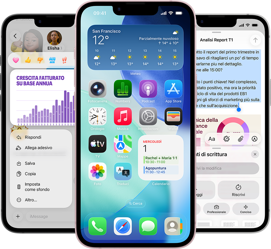 Alcuni iPhone 17e affiancati che mostrano una foto con un grafico nell’app Messaggi, la schermata Home con il widget Meteo e alcune app, e l’app Note con gli Strumenti di scrittura di Apple Intelligence in uso