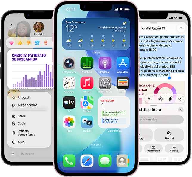 Alcuni iPhone 17e affiancati che mostrano una foto con un grafico nell’app Messaggi, la schermata Home con il widget Meteo e alcune app, e l’app Note con gli Strumenti di scrittura di Apple Intelligence in uso