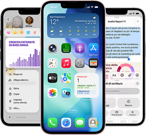 Alcuni iPhone 17e affiancati che mostrano una foto con un grafico nell’app Messaggi, la schermata Home con il widget Meteo e alcune app, e l’app Note con gli Strumenti di scrittura di Apple Intelligence in uso
