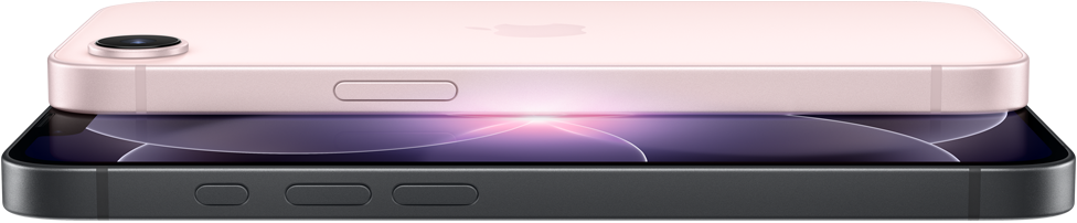 Un iPhone 17e rosa chiaro, in orizzontale, mostrato da dietro; iPhone 17e nero, in orizzontale, mostrato di fronte