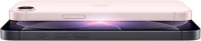 Un iPhone 17e rosa chiaro, in orizzontale, mostrato da dietro; iPhone 17e nero, in orizzontale, mostrato di fronte