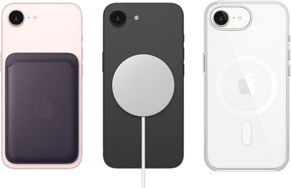 Un iPhone 17e rosa chiaro mostrato da dietro con portafoglio MagSafe in tessuto FineWoven agganciato, iPhone 17e nero mostrato da dietro con caricabatterie MagSafe agganciato, iPhone 17e bianco mostrato da dietro con custodia MagSafe trasparente agganciata