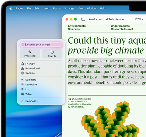 Gli Strumenti di scrittura di Apple Intelligence aiutano con la revisione di un articolo di scienze ambientali in Pages offrendo l’opzione per correggere o riscrivere in un tono diverso