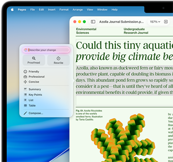 Gli Strumenti di scrittura di Apple Intelligence aiutano con la revisione di un articolo di scienze ambientali in Pages offrendo l’opzione per correggere o riscrivere in un tono diverso