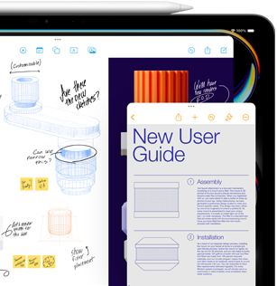 Schermo di un iPad che mostra una finestra di Freeform con degli schizzi di parti meccaniche di un prodotto, e una finestra più piccola di Note con le istruzioni; sopra l’iPad c’è una Apple Pencil
