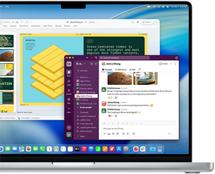 Una presentazione PowerPoint in una finestra e Slack in un’altra finestra sullo schermo di un MacBook Pro 16 pollici con M4