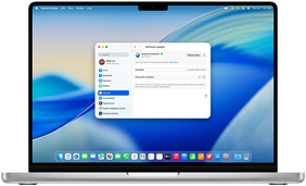Lo schermo di un MacBook Pro 16 pollici con M4 mostra un aggiornamento software in programma nelle Impostazioni di Sistema