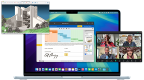 Varie schermate dimostrano la facilità con cui più app vengono utilizzate contemporaneamente su un MacBook Air; si notano delle pagine web di Safari, una videochiamata su Zoom e un file su SketchUp
