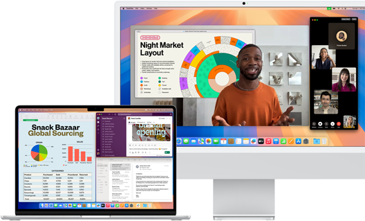 Un MacBook Air da 15 pollici color argento aperto e con le app Mail, Numbers e Slack in funzione, accanto a un iMac da 24 pollici su cui compare una persona che fa una presentazione Keynote su FaceTime