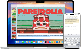 Un portatile Apple aperto, con un iPhone davanti. L’iPhone mostra un testo evidenziato nell’app Note, e lo stesso testo evidenziato compare anche sul portatile Apple.