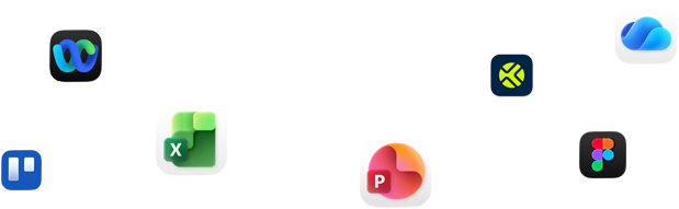 Varie icone di app disposte in modo casuale, tra cui Webex, Microsoft Excel e Figma