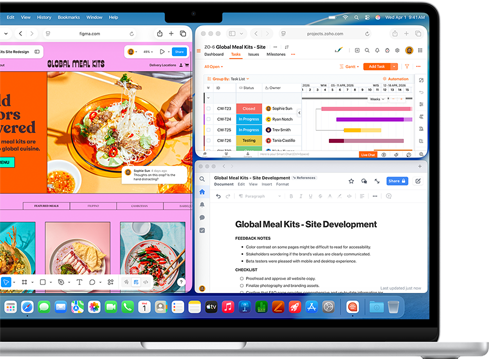 MacBook Air con le app Figma, Zoho e Quip aperte in tre finestre separate per mostrare il multitasking