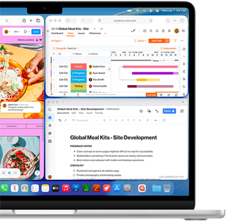 MacBook Air con le app Figma, Zoho e Quip aperte in tre finestre separate per mostrare il multitasking