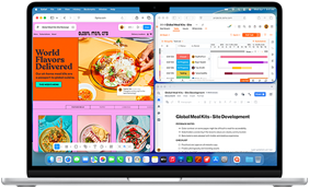 MacBook Air con le app Figma, Zoho e Quip aperte in tre finestre separate per mostrare il multitasking