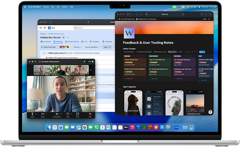 MacBook Air con le app Notion, Jira e Zoom aperte in tre finestre separate, per mostrare che macOS permette di usare più app alla volta senza problemi