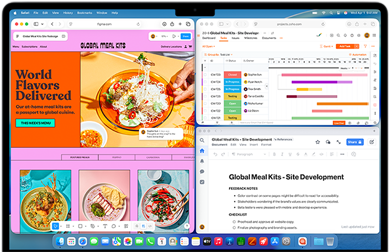 MacBook Air con le app Figma, Zoho e Quip aperte in tre finestre separate per mostrare il multitasking