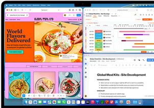 MacBook Air con le app Figma, Zoho e Quip aperte in tre finestre separate per mostrare il multitasking