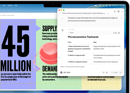 Schermo di un MacBook Air che mostra gli Strumenti di scrittura di Apple Intelligence usati per creare flashcard di microeconomia e macroeconomia