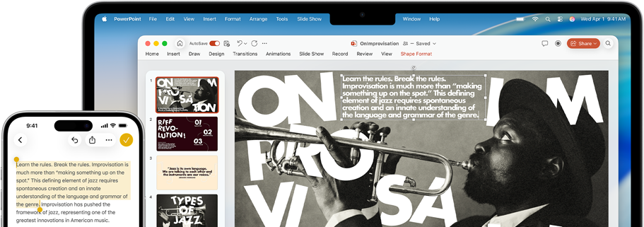 iPhone 16 Plus con del testo evidenziato nell’app Note, MacBook Air con una diapositiva Keynote aperta che contiene lo stesso testo dell’app Note
