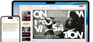 iPhone 16 Plus con del testo evidenziato nell’app Note, MacBook Air con una diapositiva Keynote aperta che contiene lo stesso testo dell’app Note