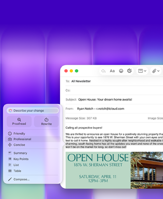 Schermata di un MacBook Neo, con gli Strumenti di scrittura di Apple Intelligence che vengono usati in Mail per comporre un’email contenente l’invito a un open house