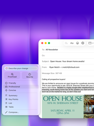 Schermata di un MacBook Neo, con gli Strumenti di scrittura di Apple Intelligence che vengono usati in Mail per comporre un’email contenente l’invito a un open house