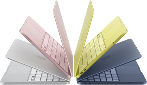 Portatili MacBook Neo nei colori argento, rosa pastello, giallo agrume e indaco, leggermente aperti e disposti a semicerchio